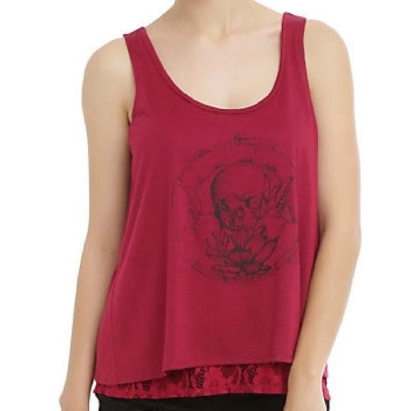 Maroon Lace Back Skull Girls Tank Top - Picture 3 of 6